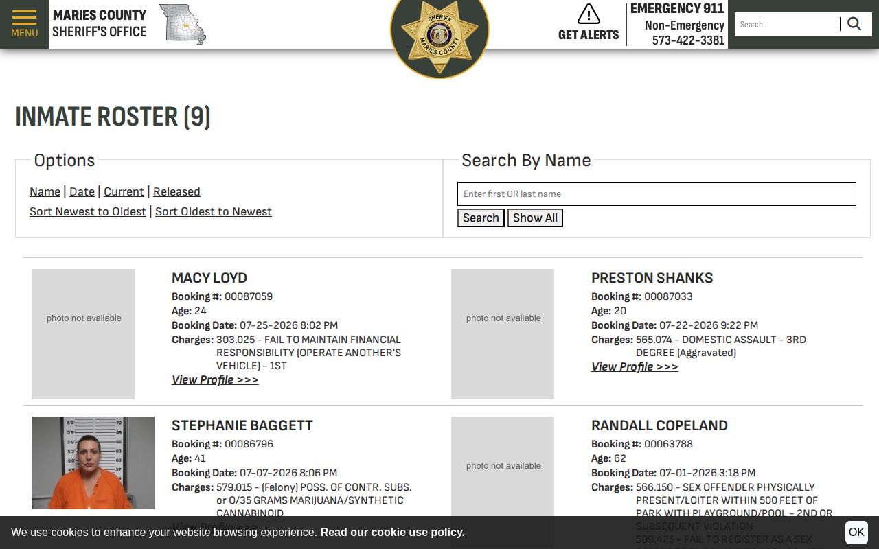 Maries County Sheriff current roster with booking photos and Released control