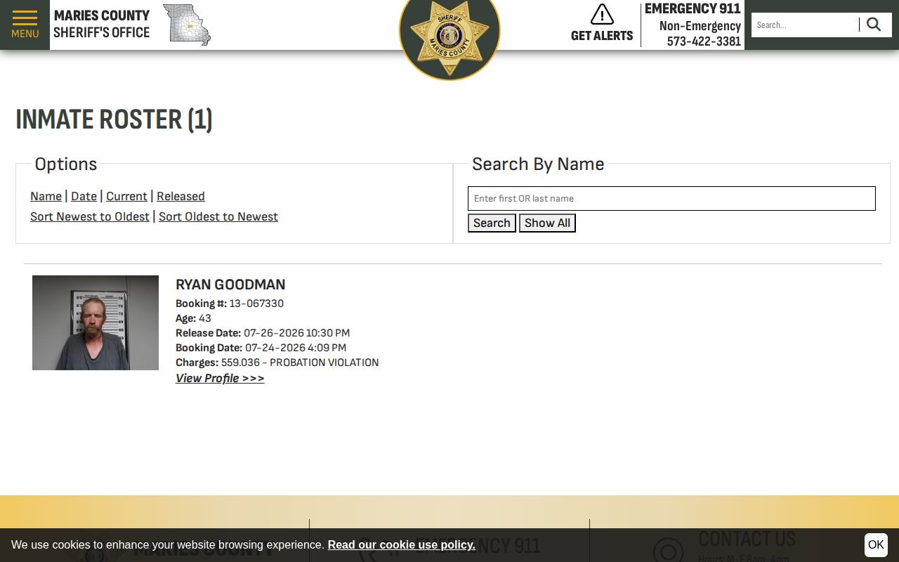 Maries County Detention Center released inmate search controls