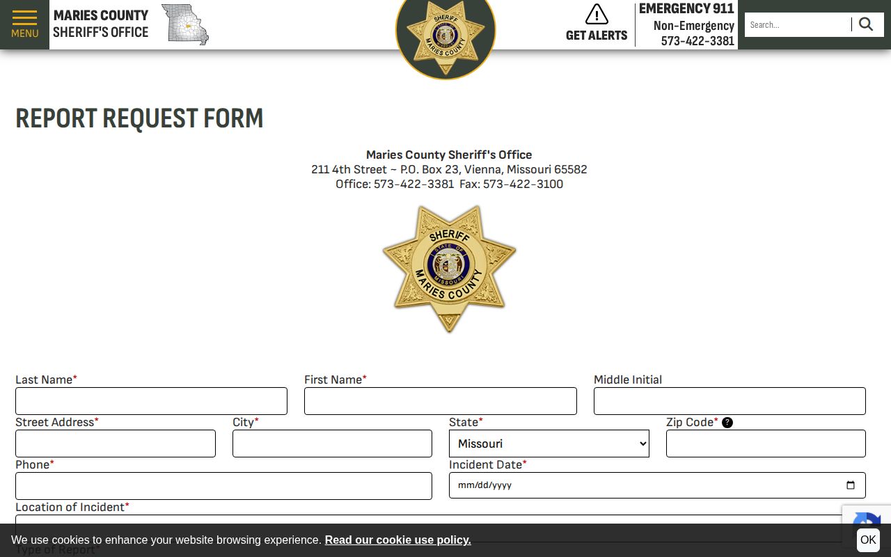 Maries County release record request fields and response language