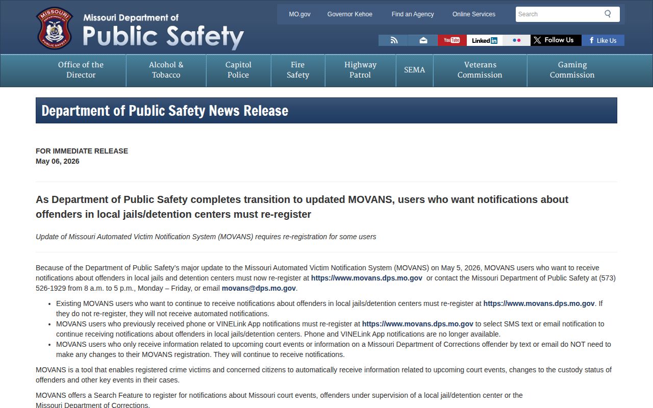 Maries County VINE release alert transition to MOVANS text and email channels