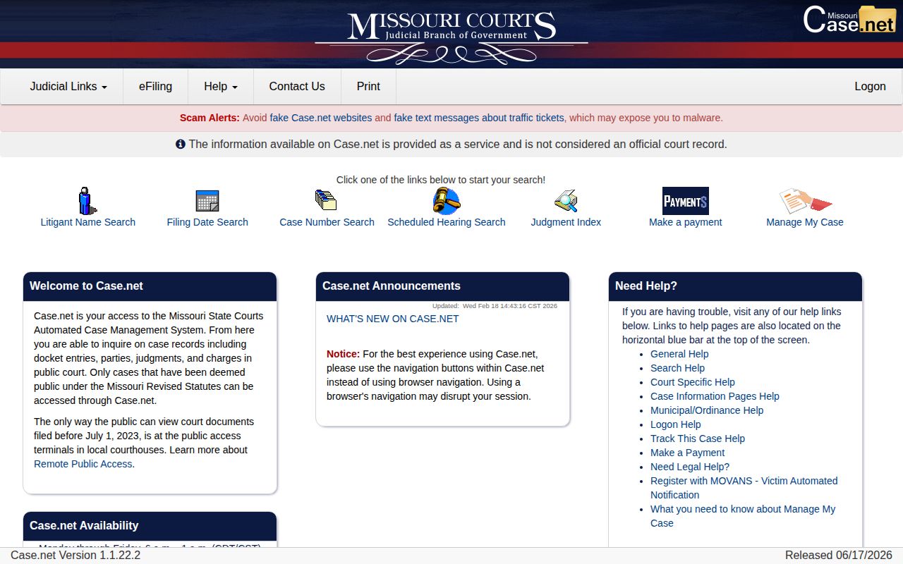 Missouri Case.net search for Maries County release court records