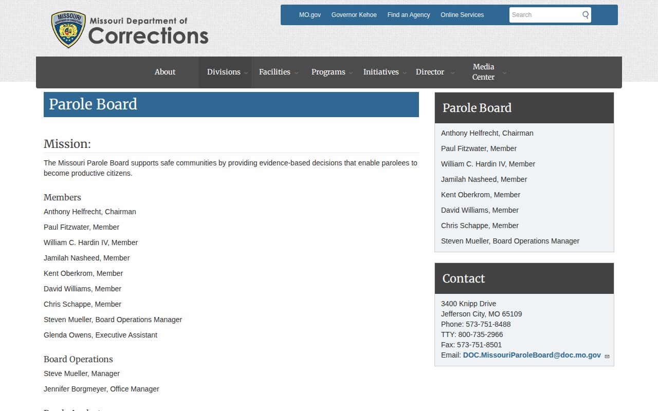 Missouri Parole Board rules and release guideline page