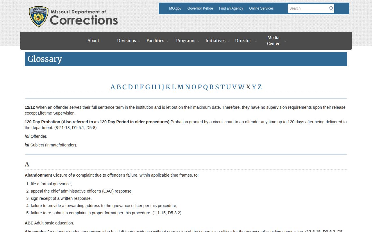 Maries County projected release date terms in the Missouri corrections glossary